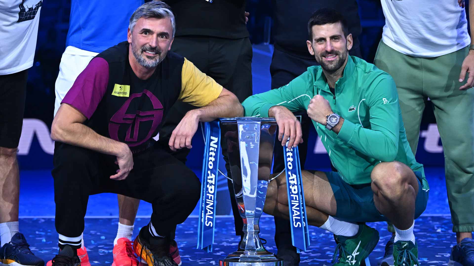 Goran Ivanisevic and Novak Djokovic celebrate after the World No. 1 defeated Jannik Sinner on Sunday evening in Turin.