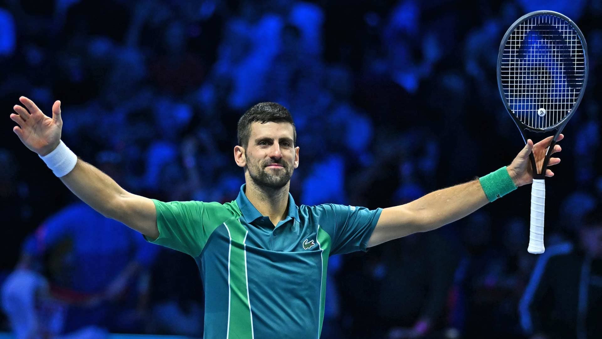 Novak Djokovic celebrates his record-breaking seventh Nitto ATP Finals title.
