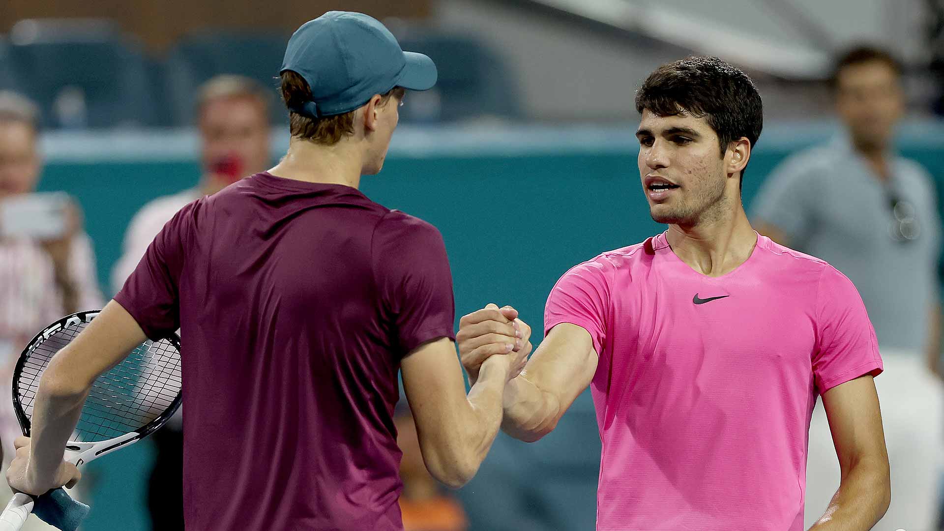 Jannik Sinner is congratulated by Carlos Alcaraz after the pair's thrilling 2023 semi-final in Miami.