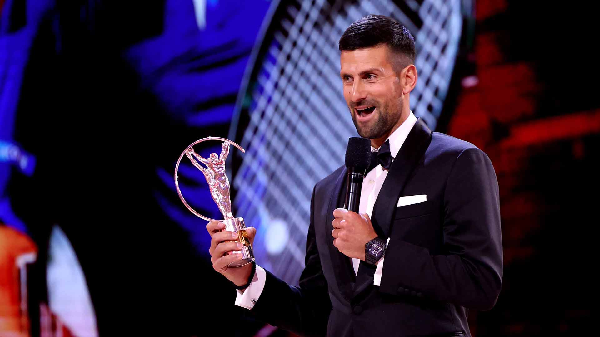 Novak Djokovic accepts his fifth Laureus World Sportsman of the Year award Monday night in Madrid.